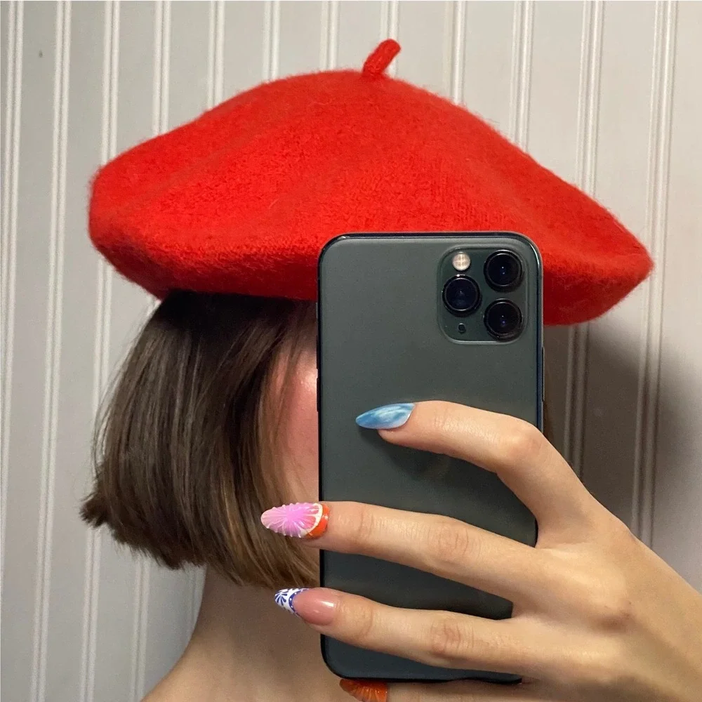 French Girl Colorful Parisian Chic Orange Beret Wool Blend Artist Retro Classic